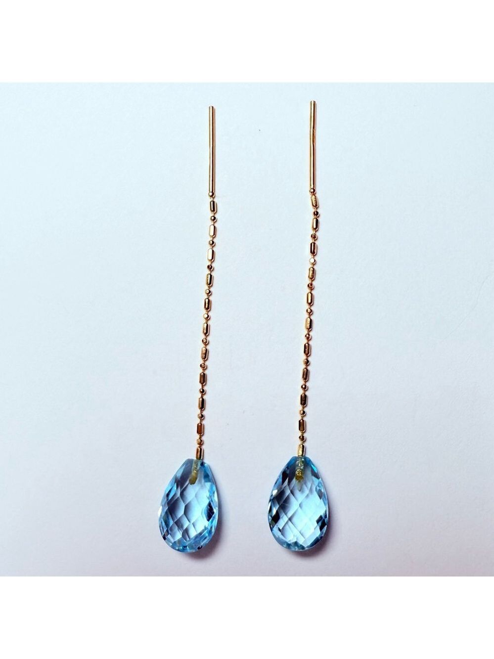 14K Yellow Gold 7 CTW Swiss Blue Topaz Faceted Pear Dangle Threader Earrings